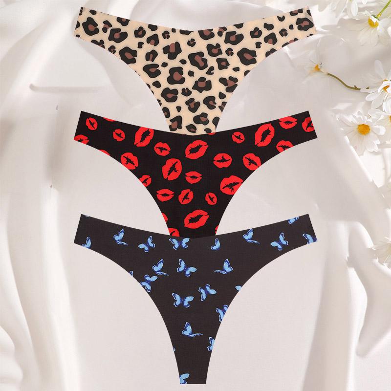 FINETOO 3 шт./компл. сексуальные стринги для женщин из ледяного шелка, цельные бесшовные трусики для девочек, свежее нижнее белье с низкой талией и принтом