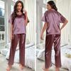 Women's Satin Pajamas Set Autumn Short Sleeve Top Long Pants Sleepwear 2 Piece Set For Women Casual Home Loose Pajamas Set