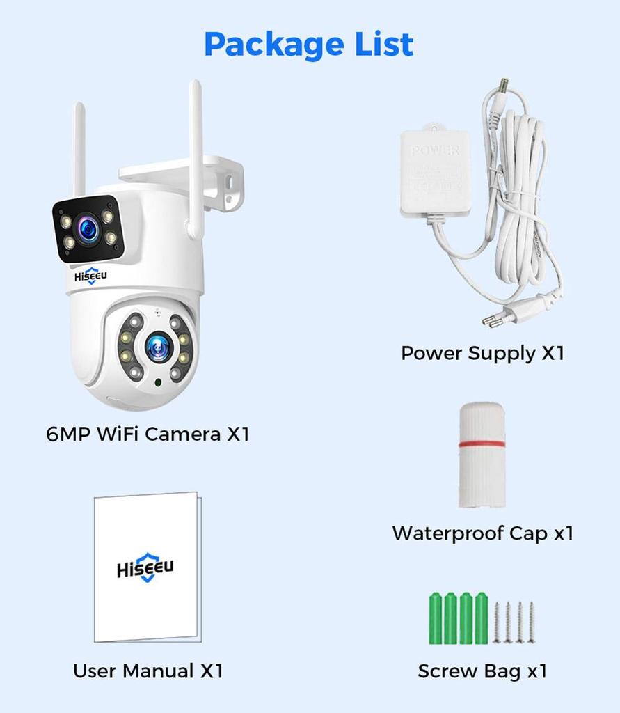 Уличная WiFi-камера Hiseeu 4K 6MP, двойной объектив, двойной экран, двусторонняя аудиосвязь, цветное ночное видение, автоматическое слежение, обнаружение человека ИИ