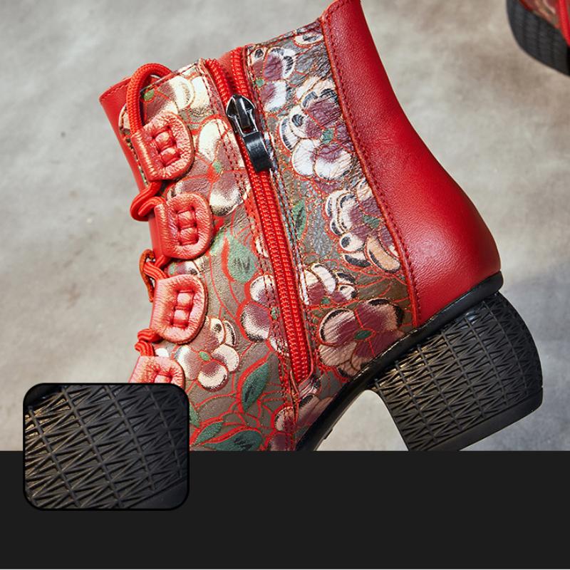 Johnature Короткие ботинки, женские теплые женские туфли с круглым носком и толстым каблуком в этническом стиле, на мягкой подошве с принтом