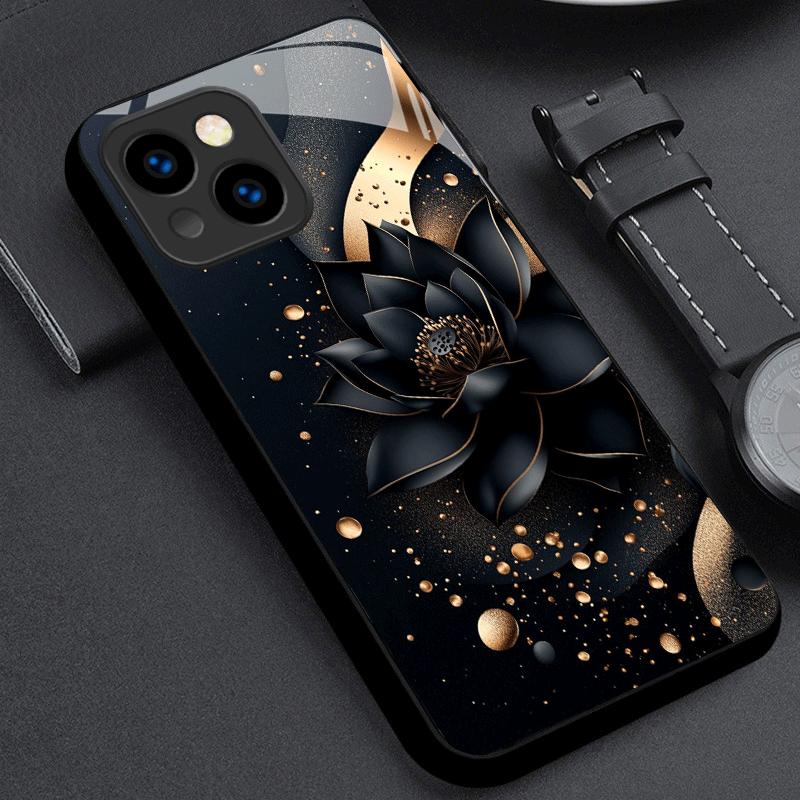 Черный золотой лотос Закаленное стекло Чехол для телефона Подходит для iPhone 17 16 15 14 13 12 11 Pro/Max/Plus Ударопрочная задняя крышка