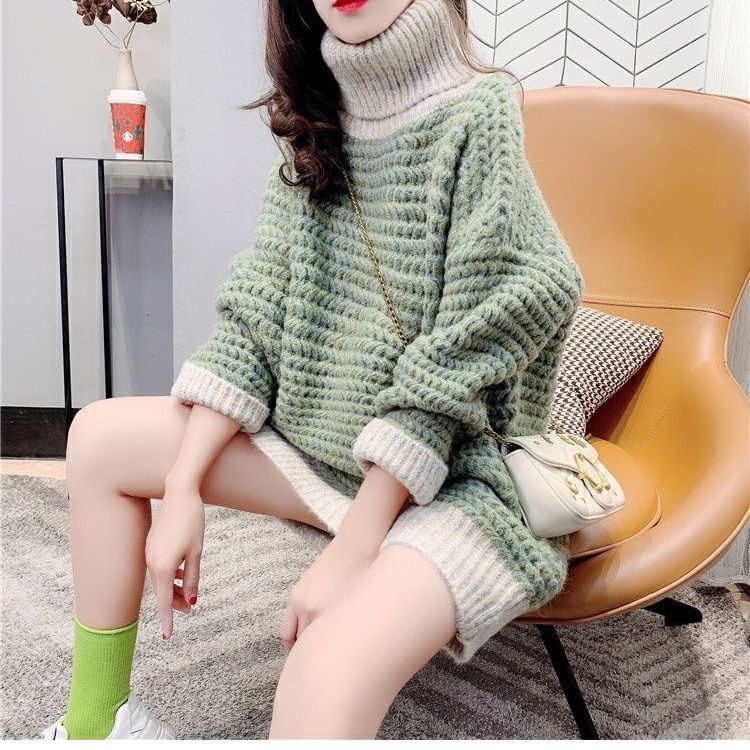 Женский свитер с высоким воротником на осень и зиму, свободный корейский свитер в западном стиле средней длины, пуловер, женский топ