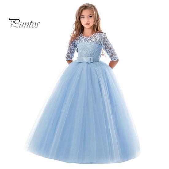Платье принцессы для девочек с цветочным кружевом и половиной рукавов с круглым вырезом и бантом, элегантное детское пышное тюлевое длинное платье макси, свадебное торжество, вечеринка, выпускной, торжественный бал