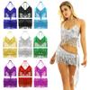 Womens Glitter Sequin Tassels Belly Dance Outfits Halter Bra Top with Mini Wrap Skirts