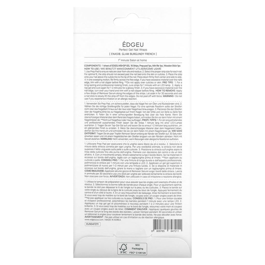 Perfect Gel Nail Wrap, Ena 518 Glam Burgundy French, 19 Piece Set