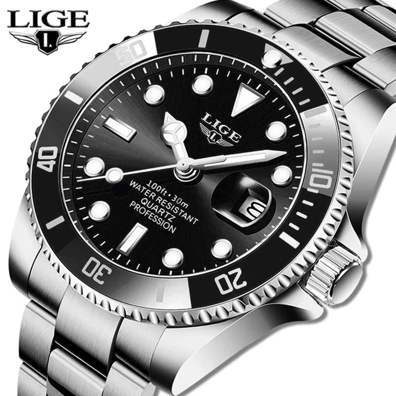 LIGE Fashion Men Watch Top Brand Luxury Stainless Steel Watches Waterproof Luminous Quartz Wristwatch
