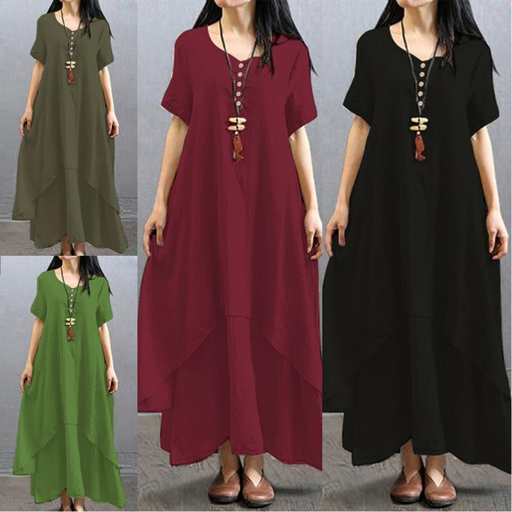 Новое модное женское повседневное свободное платье сплошного цвета с коротким рукавом в стиле бохо летнее длинное платье макси