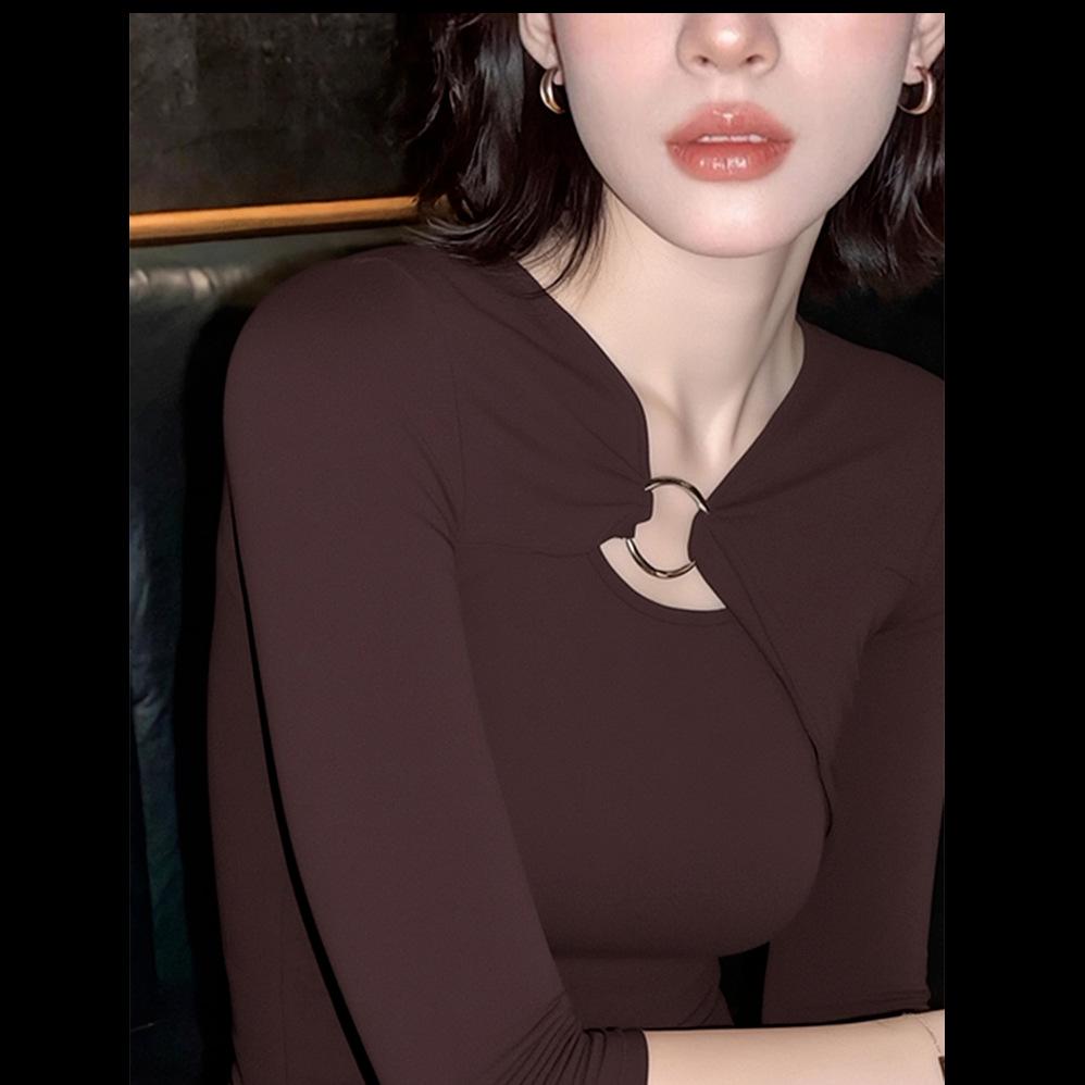 Autumn Coffee Color Slim Fit Long-Sleeve Women's French Retro Top