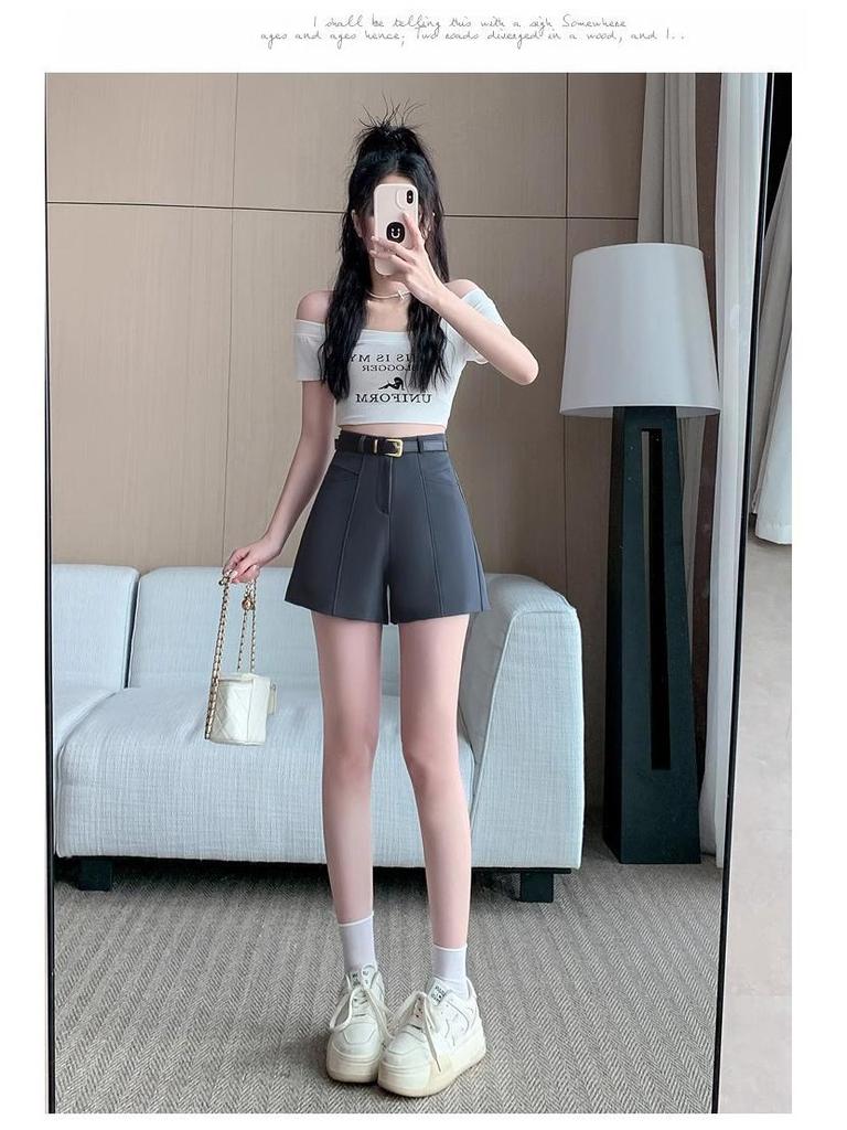 Women's High-Waist Summer A-line Booty Shorts - Black Outwear Slimming, Loose, Casual Wide-Leg Pants