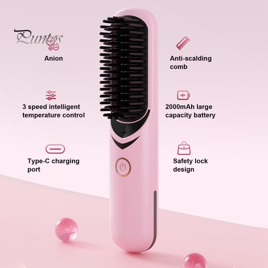 Беспроводной выпрямитель для волос с 3 регулируемыми температурами, быстрый нагрев, портативная дорожная горячая щетка с отрицательными ионами, электрическая расческа для укладки вьющихся волос, распутывающая их