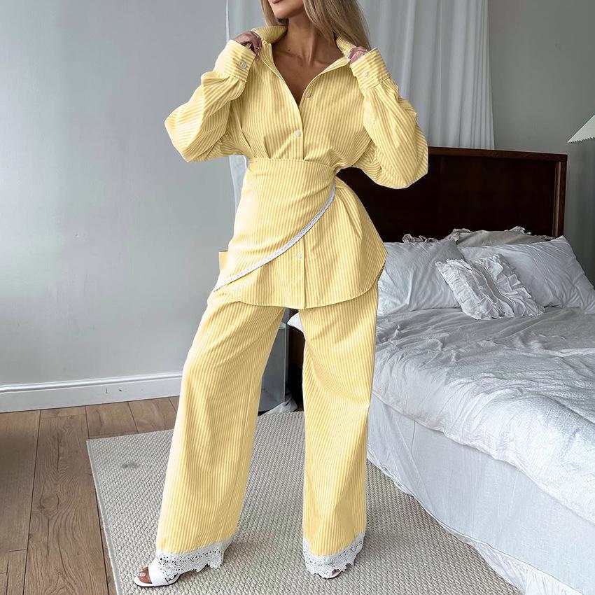 Свежий свободный кружевной полосатый трехпредметный комплект Осень 2025: Стильный повседневный дизайн