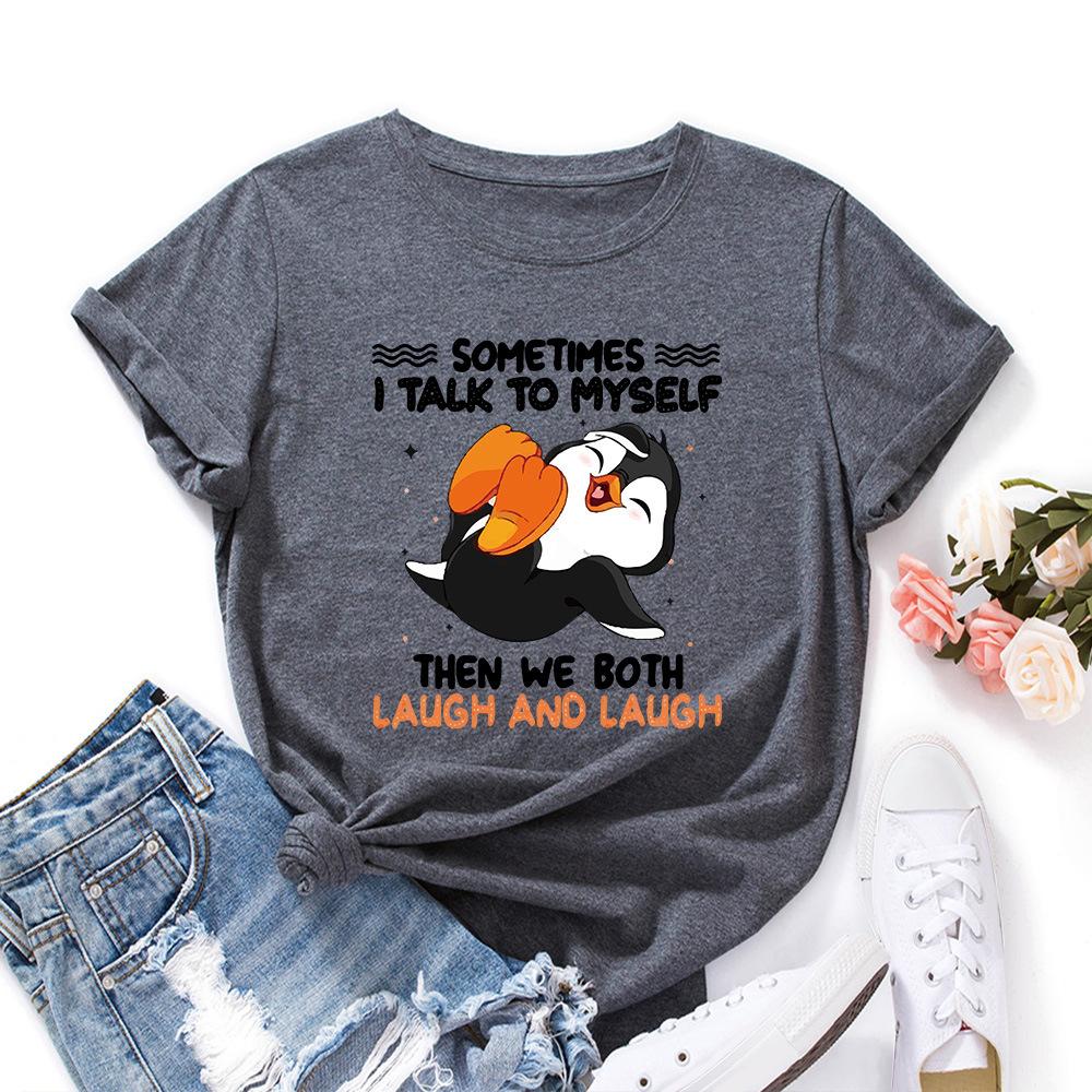 Cotton T-Shirt Short Sleeve Round Neck Women 2d Print Tops