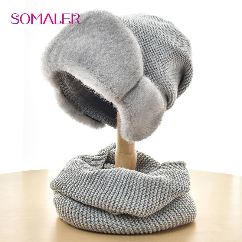 SOMALER Зимняя вязаная шапка с полями из цельного натурального норкового меха, женская шерстяная шапка, комплект с шарфом, теплая вязаная шапка
