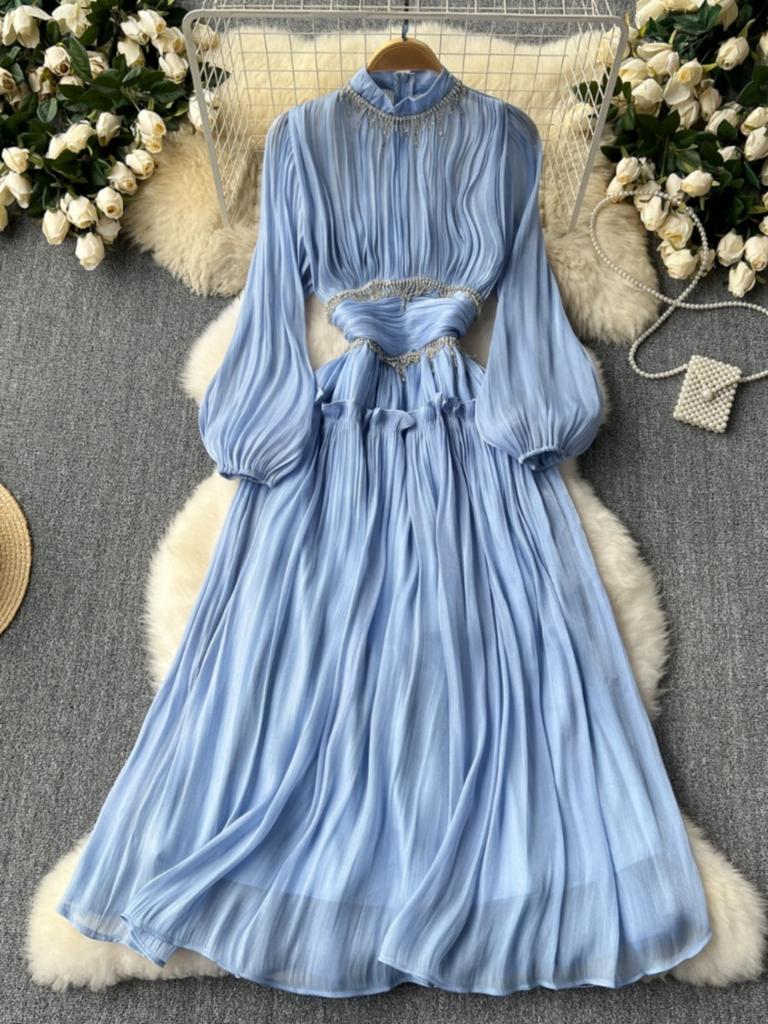 Новое элегантное платье с воротником-стойкой и рукавом-фонариком Mujer, облегающее платье с рюшами и большими качелями, тяжелый халат с кисточками и цепочкой, платье Moda во французском стиле