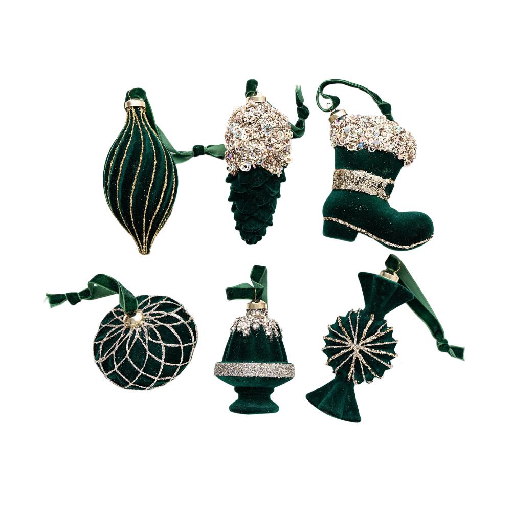Flocked Decorative Ornaments Set of 6 for Christmas Tree and Window Display with Unique Design for Holiday Decoration