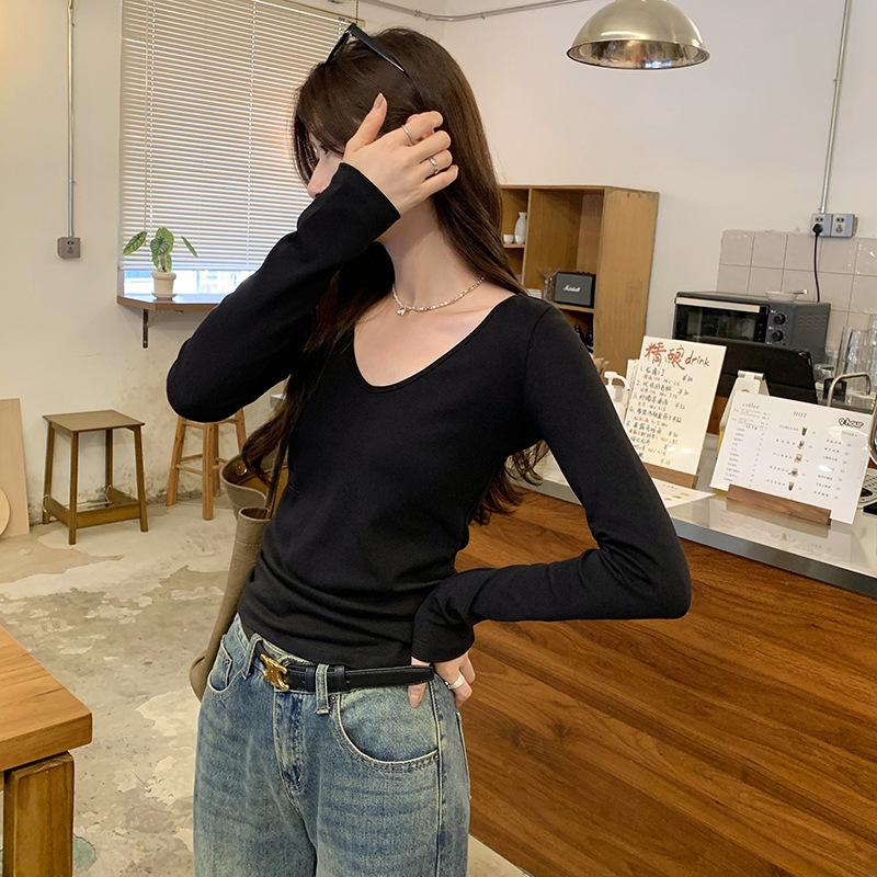 Повседневный стиль, новая белая футболка с U-образным вырезом и длинными рукавами, женская, начало осени, новый облегающий топ, тренд