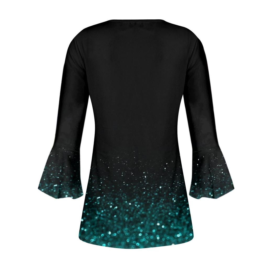 Топ на пуговицах для женщин, топы с цветочным принтом, повседневный топ с рукавом колокольчиком 3/4 и V-образным вырезом