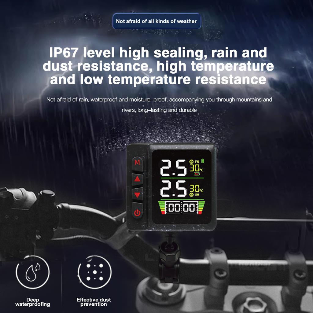 Мотоциклетные TPMS-мониторы давления в шинах, контроль температуры, сигнализация, часы с 2 внешними датчиками, быстрая зарядка через USB QC3.0