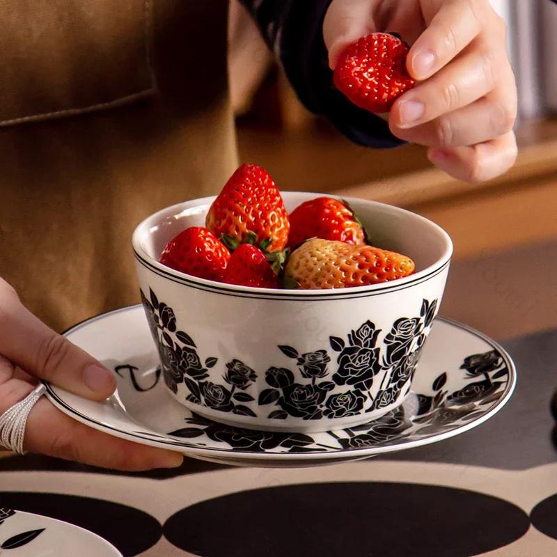 Retro Black Flowers Ceramic Plate High End Restaurant Steak Plate Home Delicious Dishes Salad Dining Plates Exquisite Tableware