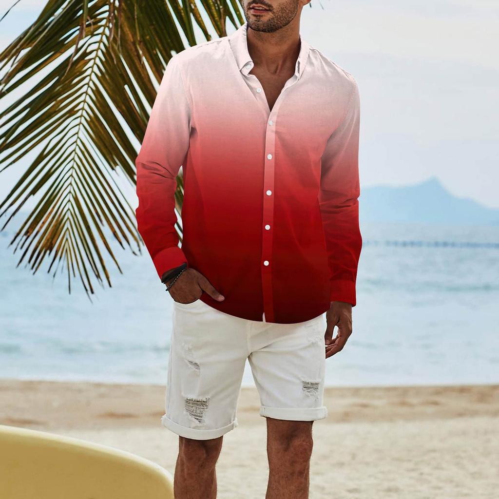 Мужская модная повседневная футболка с длинным рукавом и принтом на пуговицах, рубашка обычного кроя