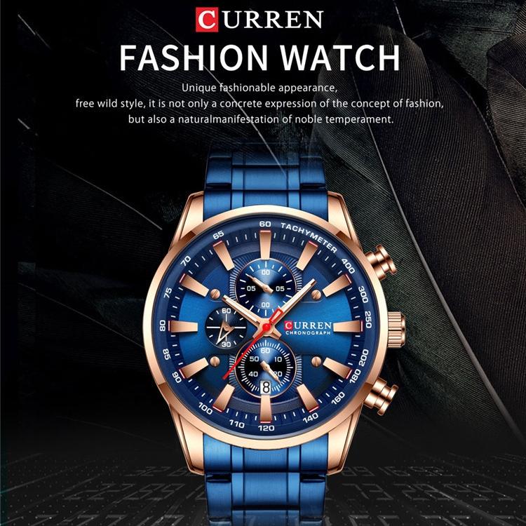 CURREN Часы со стальным ремешком, простой календарь, деловые часы с большим циферблатом, водонепроницаемые мужские модные часы