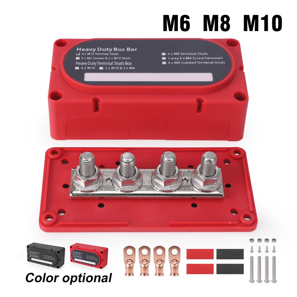 Power Distribution Block Module Heavy Duty Bus Bar 4 Studs Single Row 12-48V Copper Nickel Nylon M6 M8 M10 For Truck Car Boat