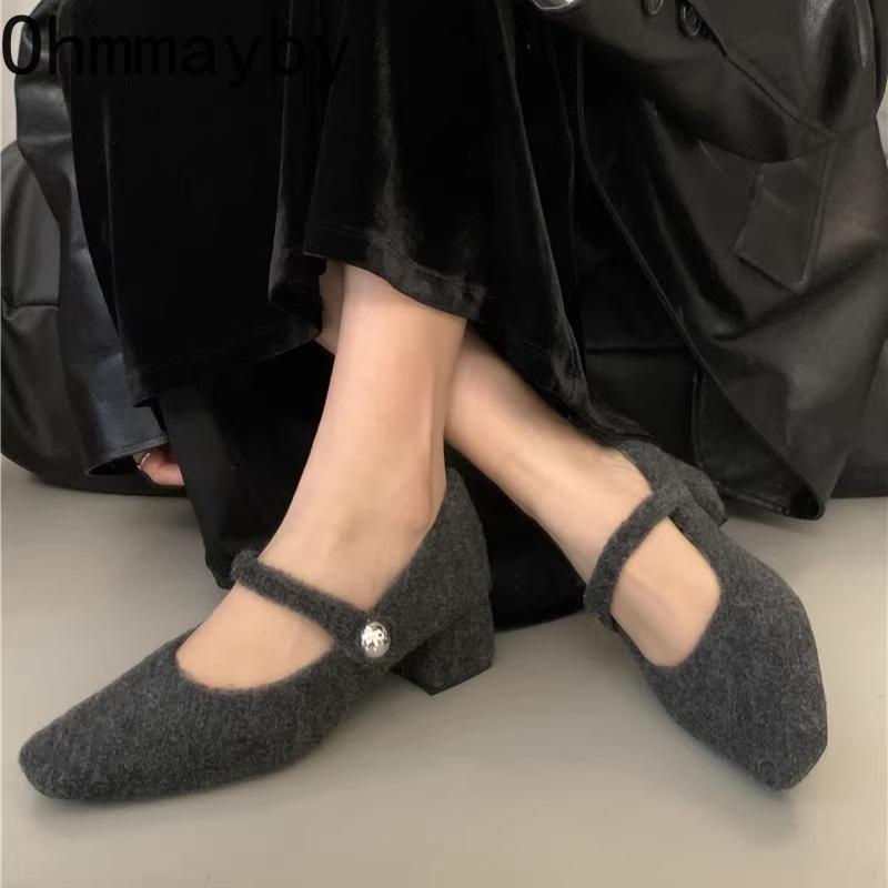 Autumn Wool Fabric Woman Mary Jane Shoes Elegant Thick Heel Party Dress Shoes Outdoor Comfortable Fleece Lined Ladies Shoes