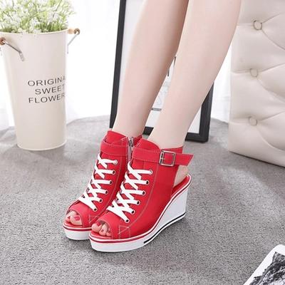 Модные новые весенне-летние женские туфли на высокой танкетке из парусины с открытым носком и шнуровкой в корейском стиле