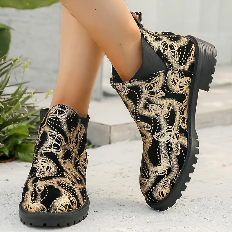 Модные рабочие ботинки большого размера из золота и серебра, женские офисные ботинки с принтом бабочек 2024 года, модные нескользящие туфли на плоской подошве