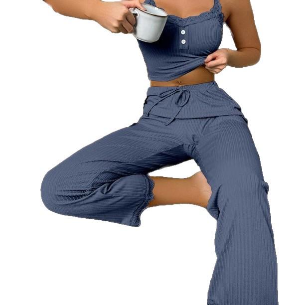 Женский многоцветный кружевной топ-майка и длинные брюки летний пижамный комплект