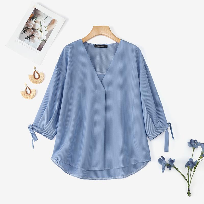 ZANZEA Женская повседневная свободная блузка с V-образным вырезом, рукавами 3/4 и клетчатым принтом, асимметричного кроя