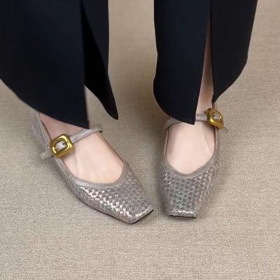 Версия из овчины~ ретро тканые туфли-лодочки с квадратным носком и ремешком на толстом каблуке из кожи женские