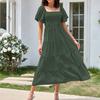Women's Fashion Solid Colour Square Neck Backless Bubble Sleeve Pleated Short Sleeve Dresses