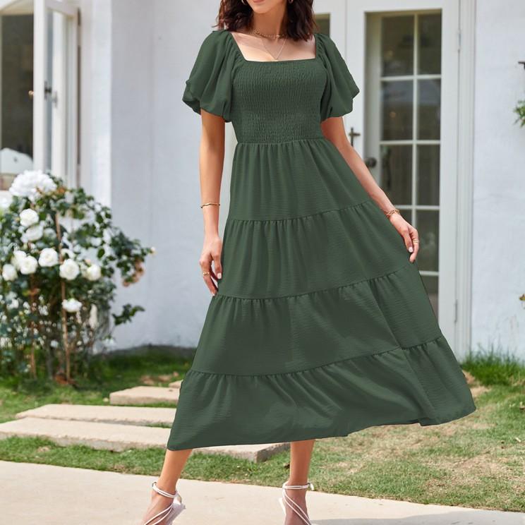 Women's Fashion Solid Colour Square Neck Backless Bubble Sleeve Pleated Short Sleeve Dresses