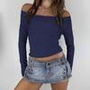 Женский темно-синий кроп-топ с длинными рукавами и открытыми плечами, облегающая повседневная блузка