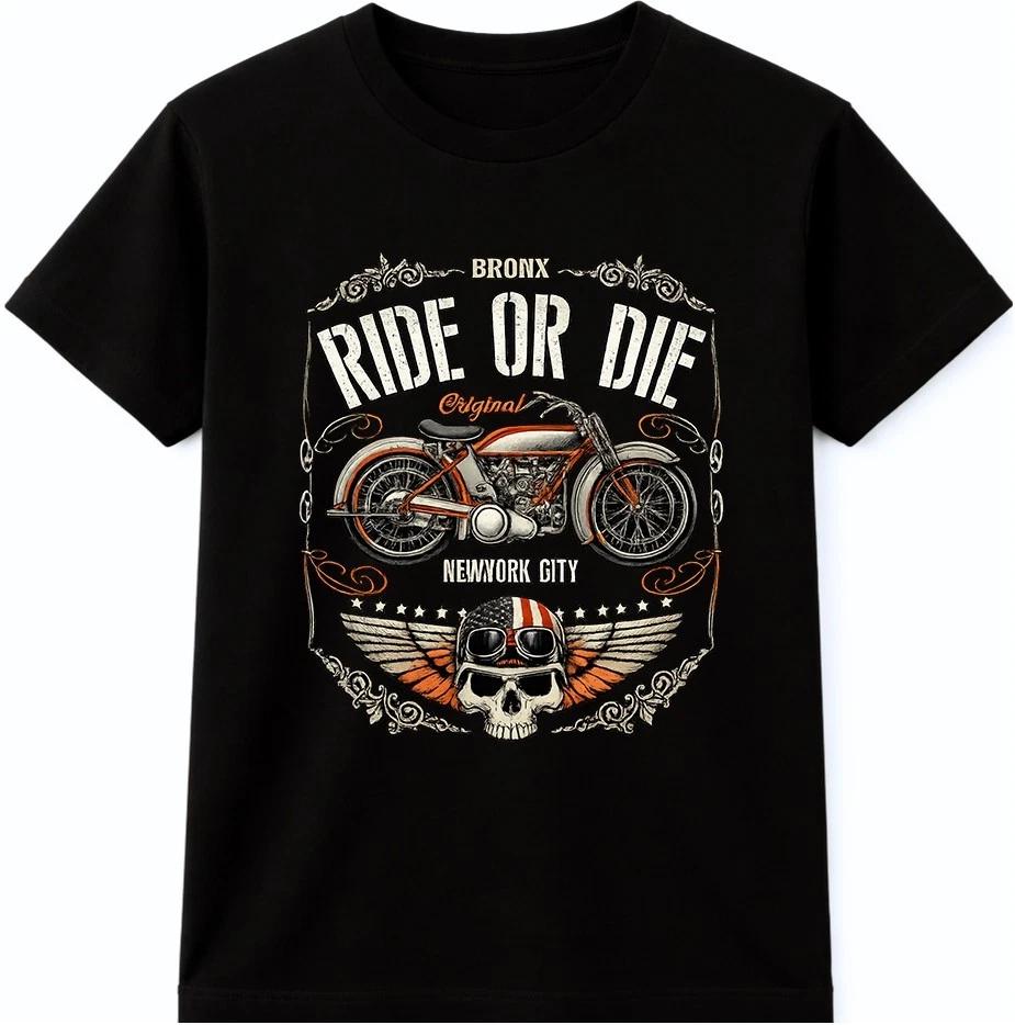 Футболка для мотоциклиста Ride Or Die Череп Байкер Винтажная Мотоцикл Графическая футболка