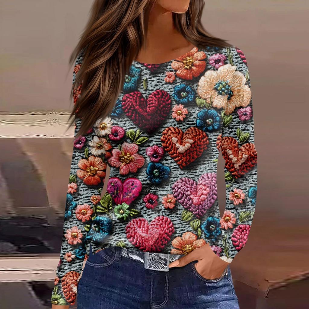 Women's Fashion Valentine's Day Printed Round Neck Casual  Long Sleeve Top