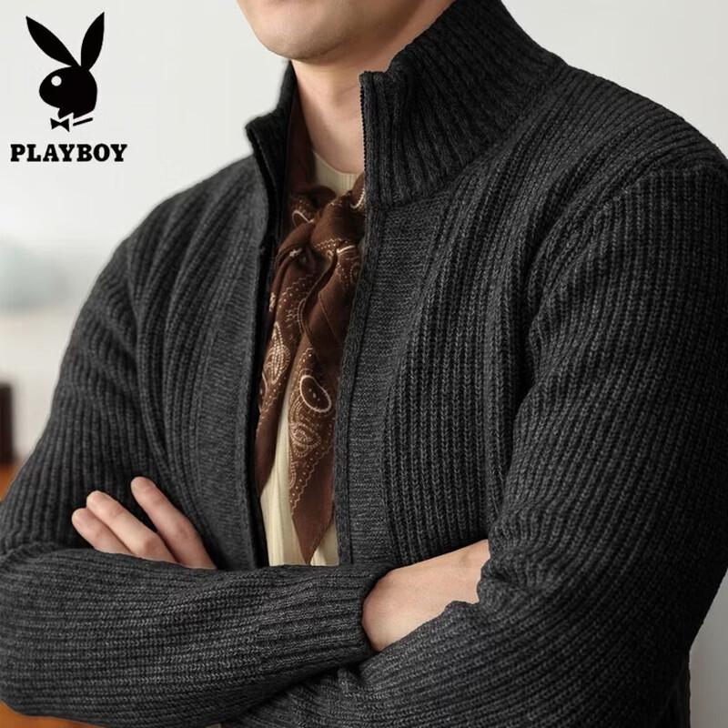 PLAYBOY Men's Stand Collar Zip-Up Knit Cardigan Sweater