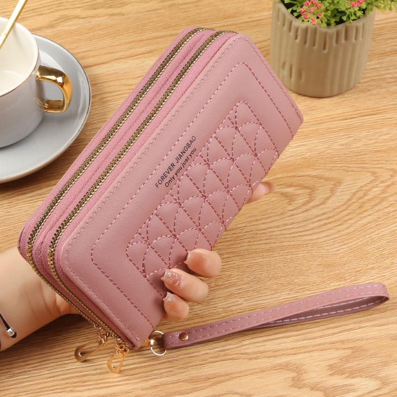 Ladies' Embroidered Soft Leather Double Zipper Wallet & Phone Clutch