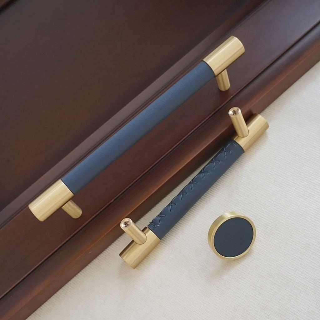 Темно-синие кожаные ручки для ящиков, медные ручки для шкафа, круглые ручки для ящиков шкафа (5" Отверстие к Отверстию)