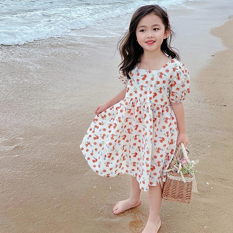 Летнее платье с открытой спиной и цветочным принтом для маленьких девочек, детское милое платье принцессы, платье с объемными рукавами