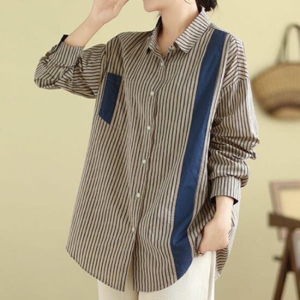 Navava Nb2903 Stripe Color Block Long Sleeve Shirt