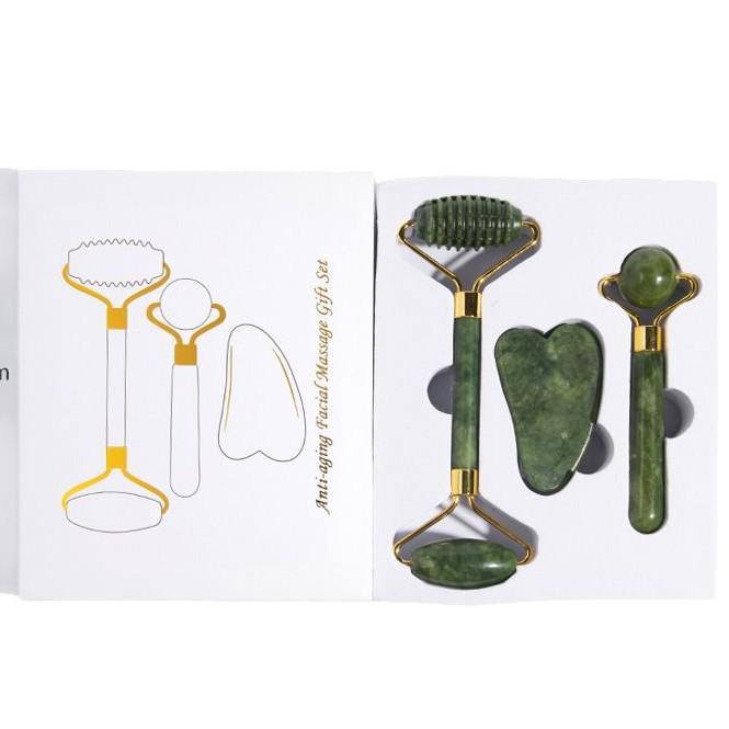 Набор нефритовых массажеров: Нефритовый ролик, колючий массажер для лица и доска гуа ша