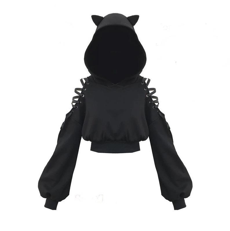 Готическая укороченная толстовка с капюшоном, женская толстовка, гот, укороченный топ с милым котом, пуловер с длинными рукавами и капюшоном