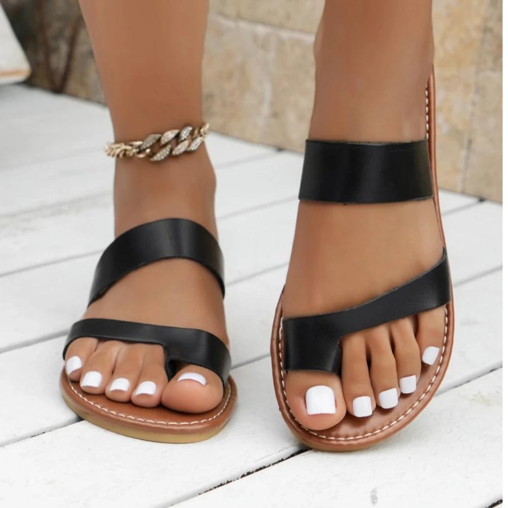 Модные женские тапочки больших размеров 2024 года, модные однотонные туфли на плоской подошве, модные тапочки с открытым носком, женская повседневная пляжная обувь