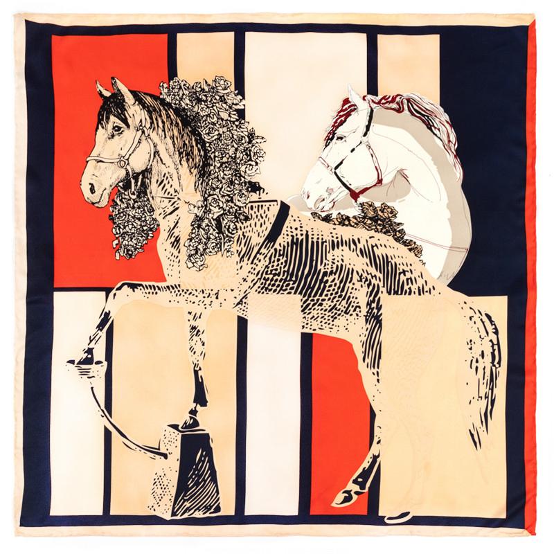 POBING Manual Hand Rolled Twill Silk Scarf Women Horse Print Square Scarves Echarpes Foulards Femme Wrap Lady Bandana Hijab 90CM