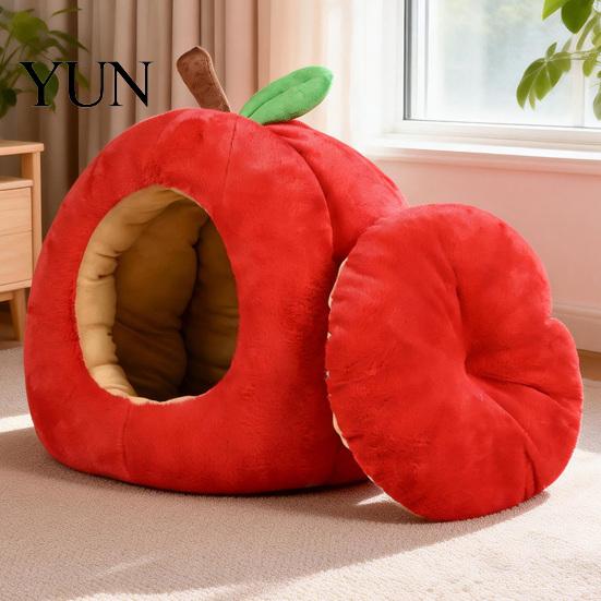 Soft Cotton Cat Sleeping Bag Apple-Shaped Cave Bed, Plush Pet Hideaway with Removable Cushion, Warm Indoor Hideout for Winter Cozy Enclosed Bed Small