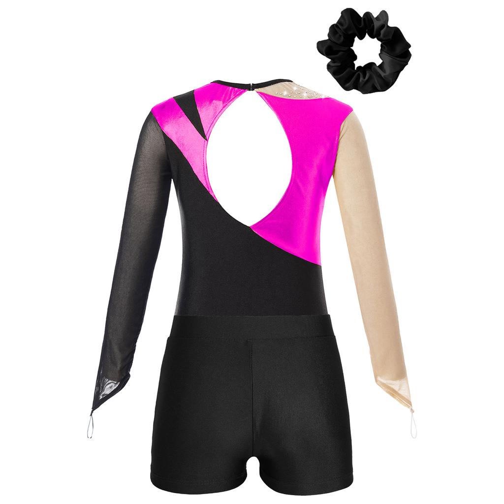 Kids Girls Metallic Long Sleeve Gymnastics Leotard with Shorts Hair Scrunchie Dance Unitard Biketards Dancewear