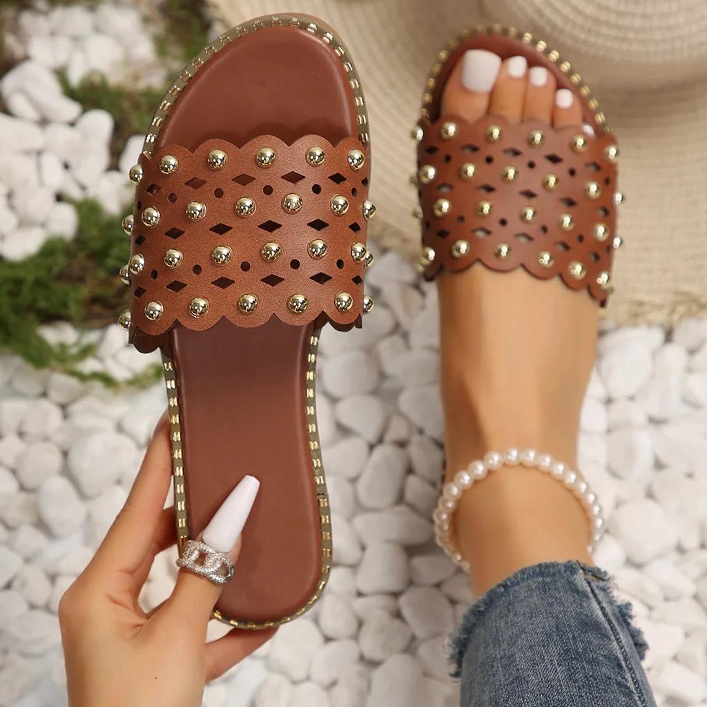 Women's Slippers 2024 Summer New Women Pearl Rhinestones All-match Casual Sandals Solid Flat Slides Shoes for Women Slippers