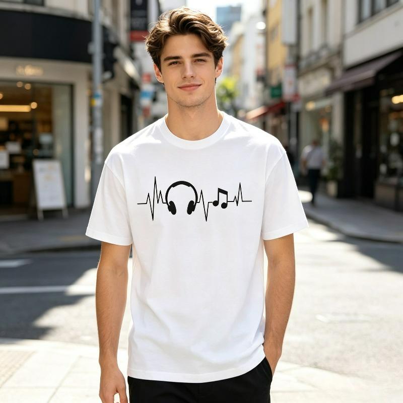Headphone Music Note Tshirt For Unisex Heartbeat Line Print Casual Streetwear Basic Short Sleeve Tee